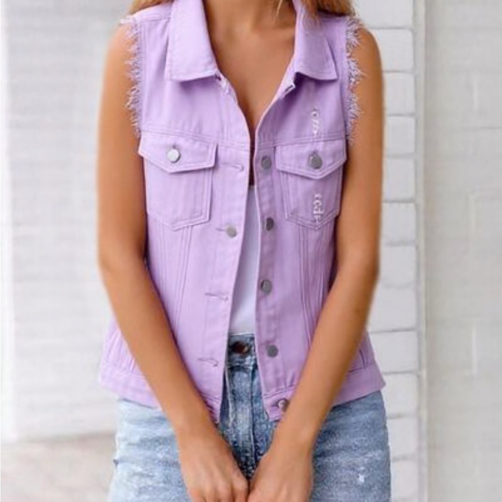 Lavender Denim Distressed Vest Sz XS